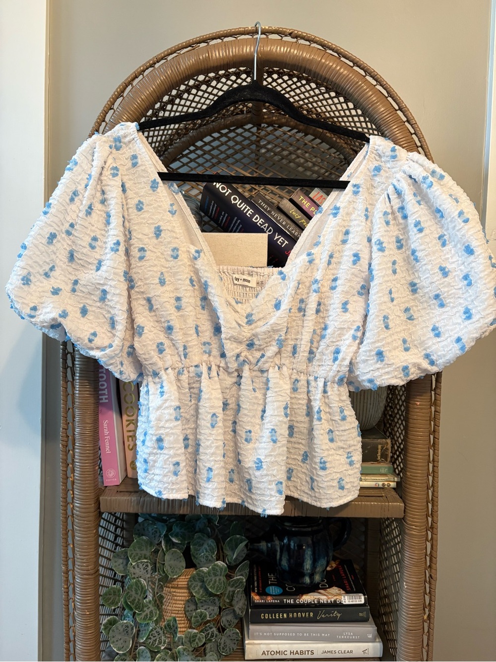 Smocked White Puff-Sleeve Top with Blue Accents